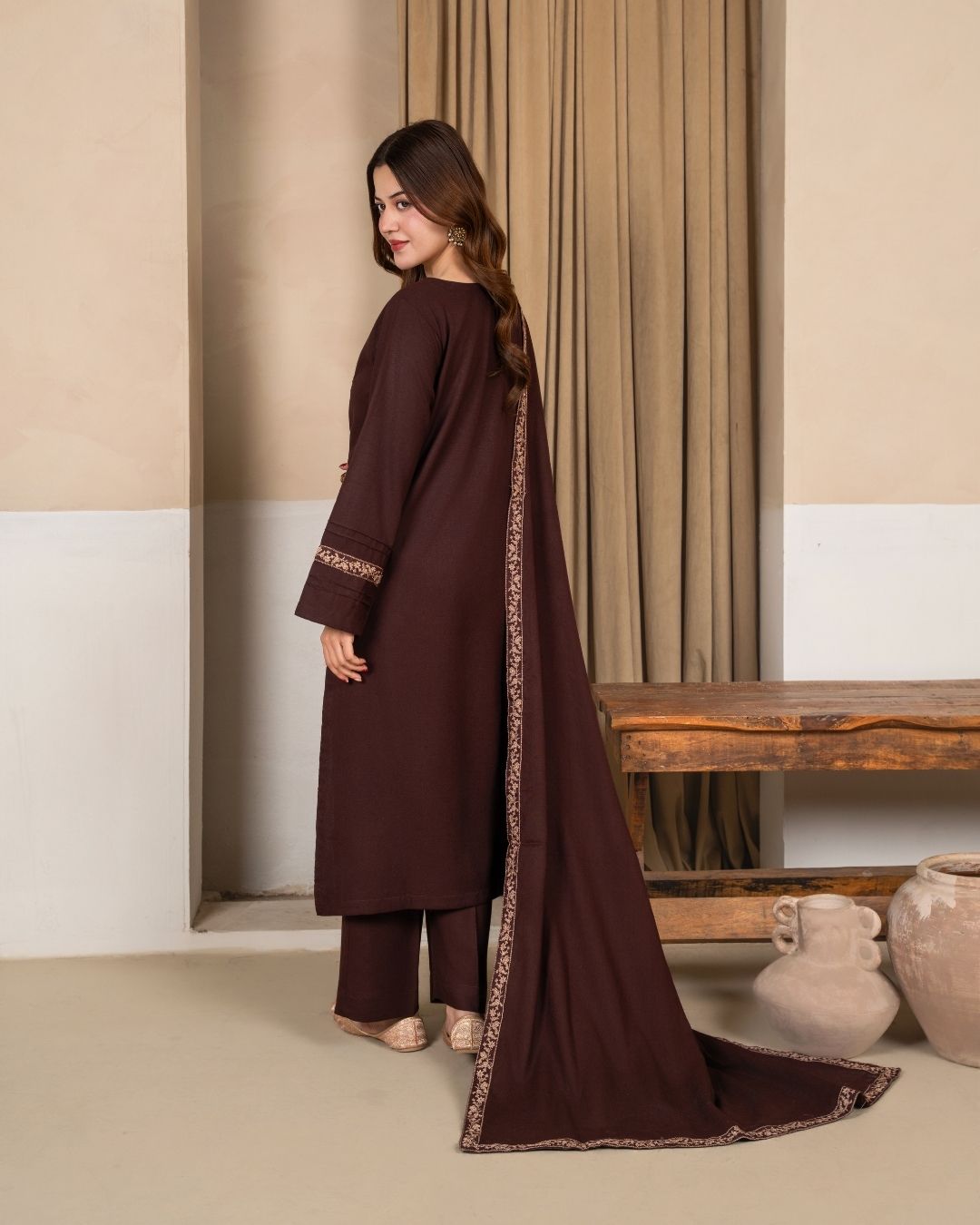 3pc Embroidered Alpine Karandi with Embroidered Border Shawl Brown AML-W25-0101