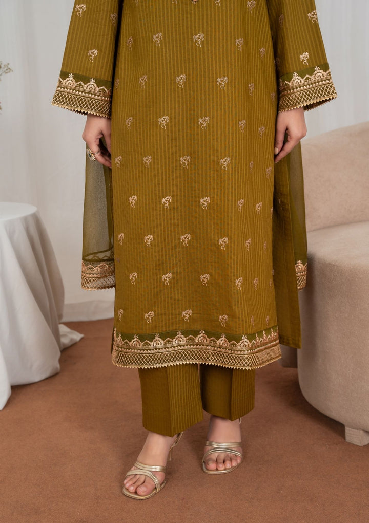 3Pc Tilla Embroidered Textured Lawn with Embroidered Border Chiffon Dupatta Olivish Brown JASHAN-J26-0027