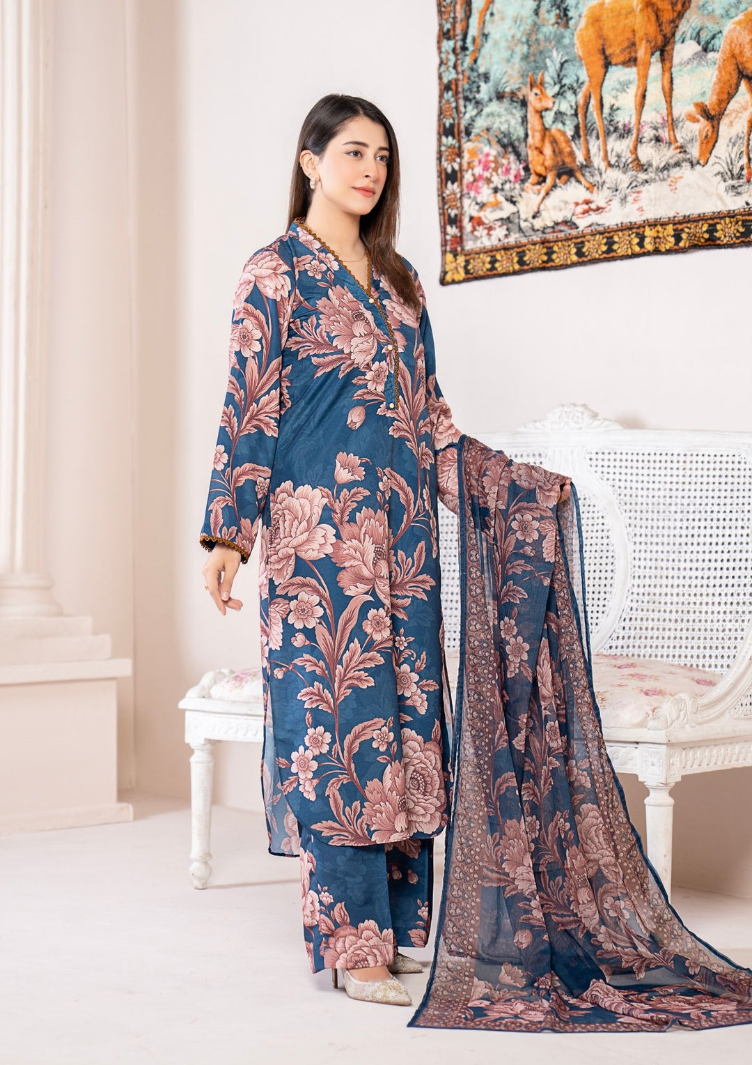3Pc Printed Arabic Silk Lawn with Chiffon Dupatta Gulmeena-G26-0004