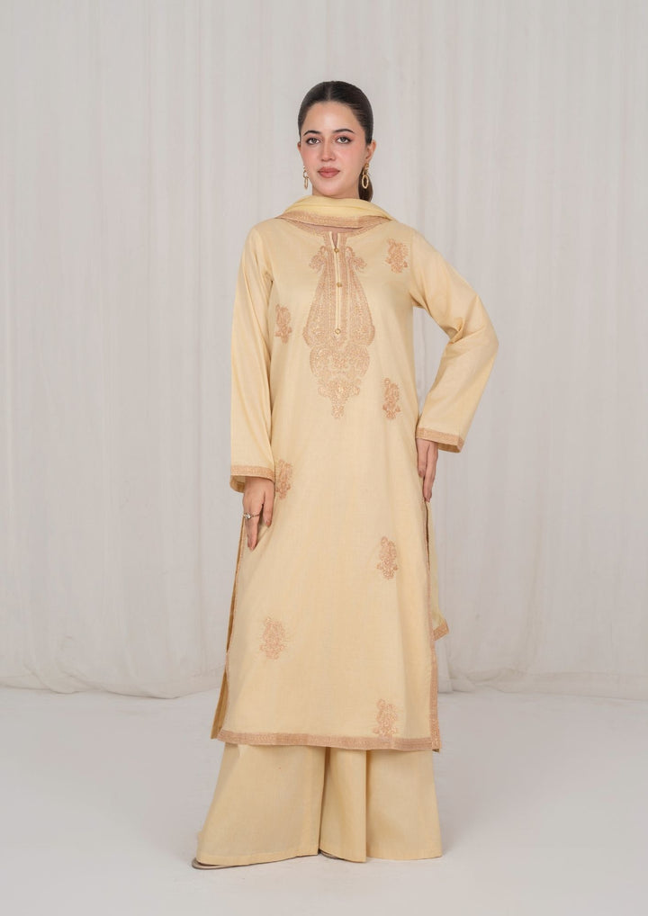 3Pc Beige Embroidered Lawn with Chiffon Dupatta RIW-R26-0003