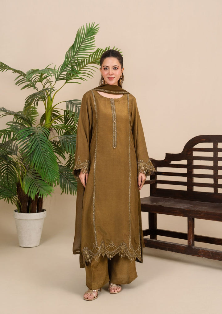 3Pc Embroidered Silk Viscose Olivish Brown JASHAN-J26-0023