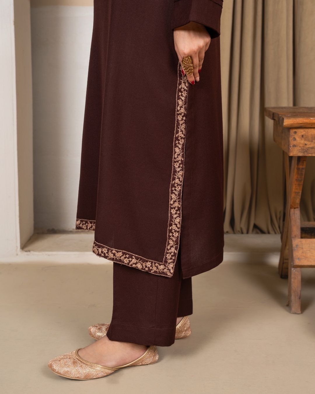 3pc Embroidered Alpine Karandi with Embroidered Border Shawl Brown AML-W25-0101