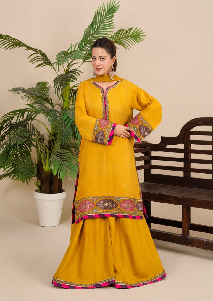 3-Piece Silk Viscose Suit with Chiffon Dupatta & Sharara | BASANT-B25-0005