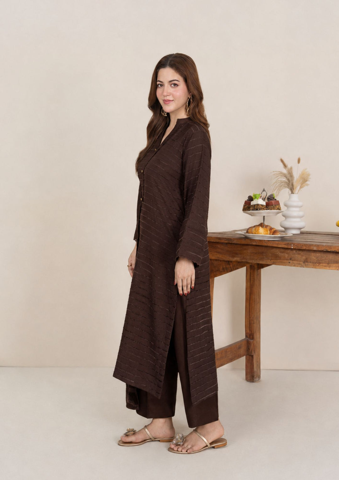 3pc Alpine Velvet Shirt with Velvet Border Shawl and Plain Trouser Chocolate Brown AML-W26-0003