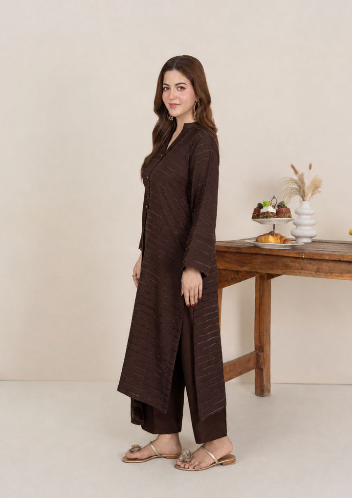 3pc Alpine Velvet Shirt with Velvet Border Shawl and Plain Trouser Chocolate Brown AML-W26-0003