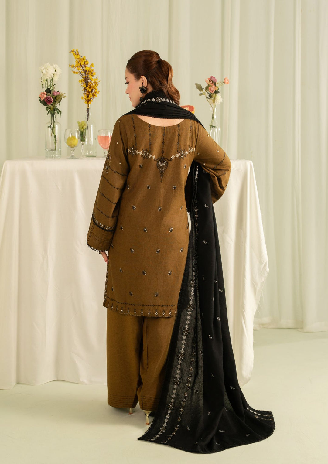 3Pc Silk Karandi Embroidered with Silk Karandi Shawl Mehndi AFP-A25-0010