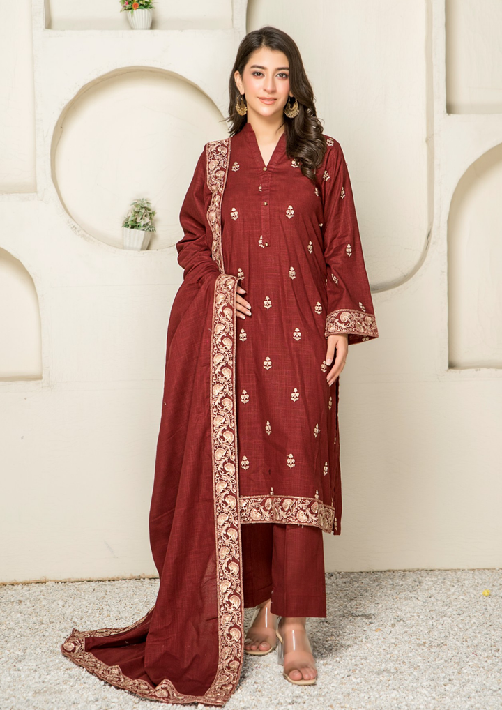 3Pc Tilla Embroidered Cross Slub Khaddar with Tilla Embroidered Border Shawl W24-TIL-0010