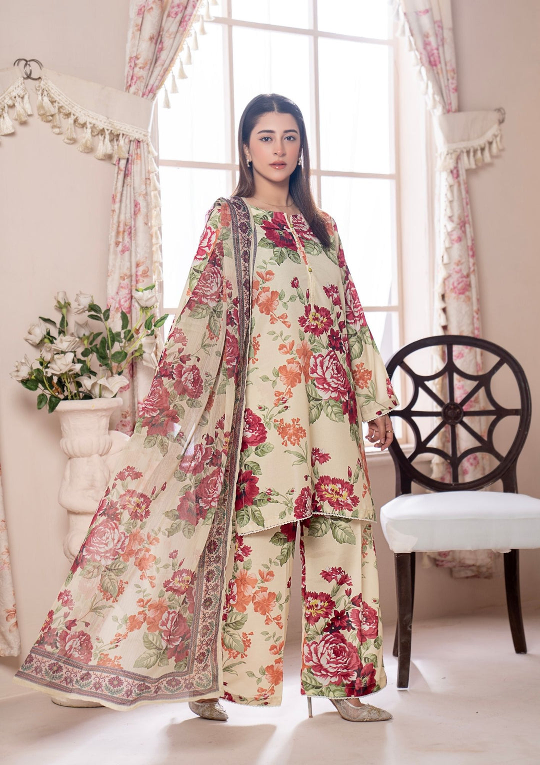 3Pc Printed Arabic Silk Lawn with Chiffon Dupatta Gulmeena-G26-0011