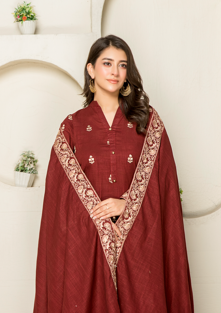 3Pc Tilla Embroidered Cross Slub Khaddar with Tilla Embroidered Border Shawl W24-TIL-0010