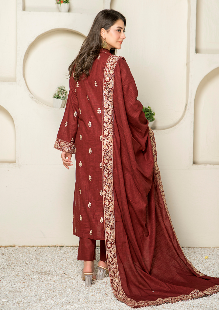 3Pc Tilla Embroidered Cross Slub Khaddar with Tilla Embroidered Border Shawl W24-TIL-0010