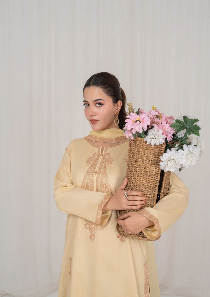 3Pc Beige Embroidered Lawn with Chiffon Dupatta RIW-R26-0003