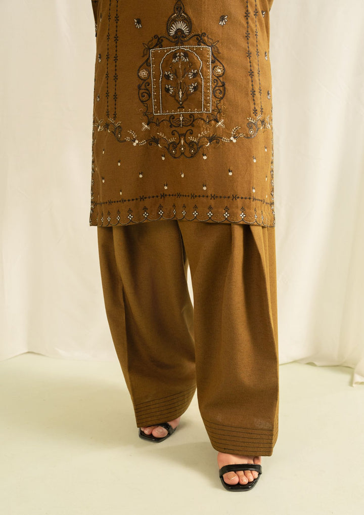 3Pc Silk Karandi Embroidered with Silk Karandi Shawl Mehndi AFP-A25-0010