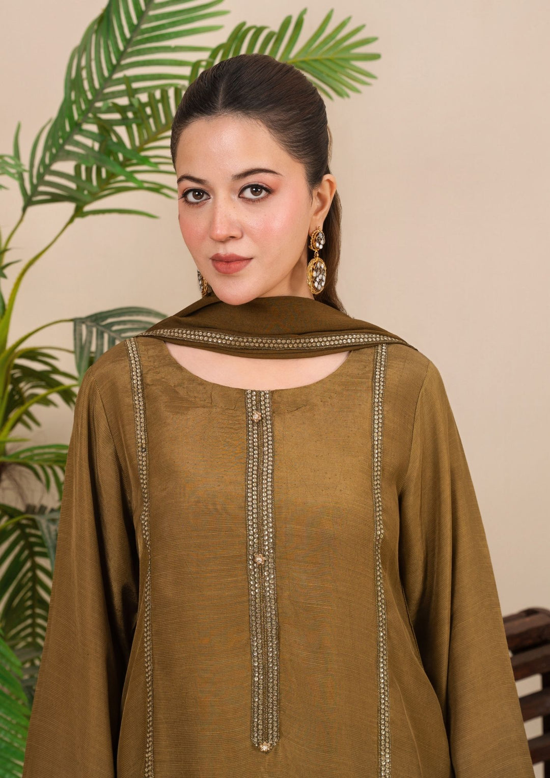 3Pc Embroidered Silk Viscose Olivish Brown JASHAN-J26-0023