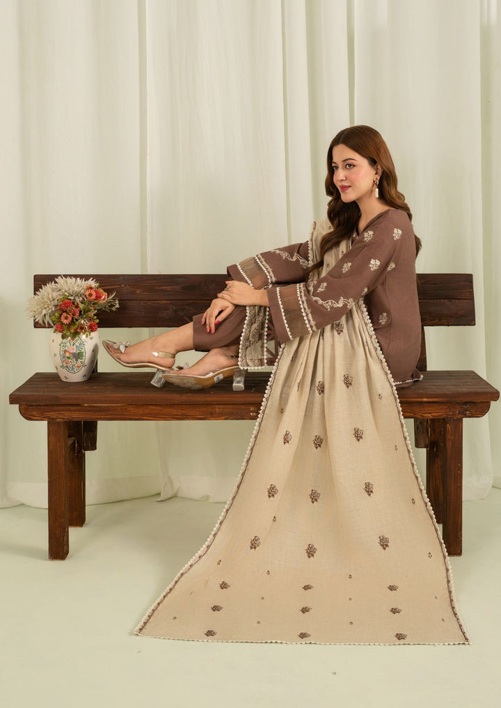 3Pc Khaddar Embroidered with Khaddar Shawl Brown AFP-A25-0013