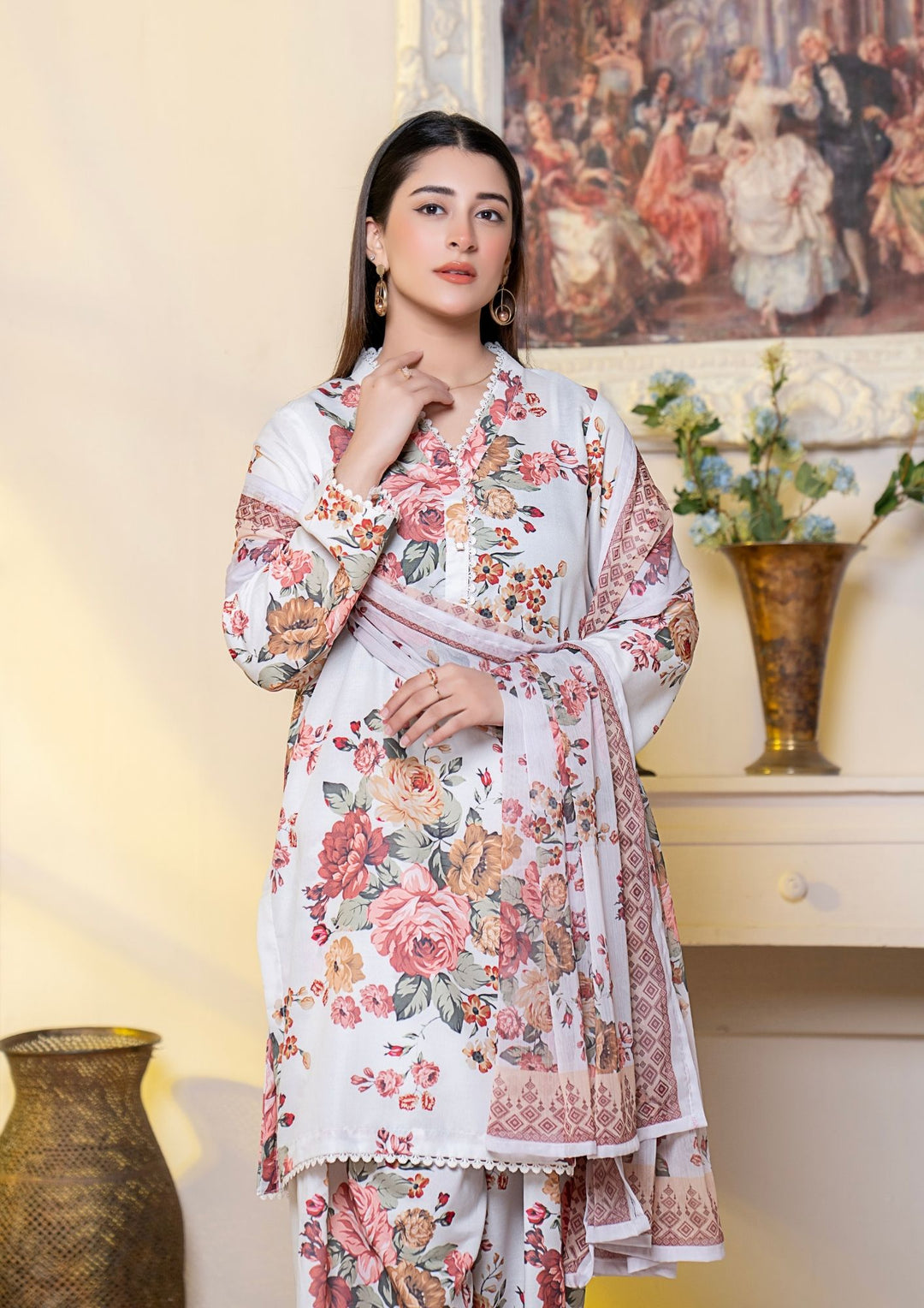 3Pc Printed Arabic Silk Lawn with Chiffon Dupatta Gulmeena-G26-0012