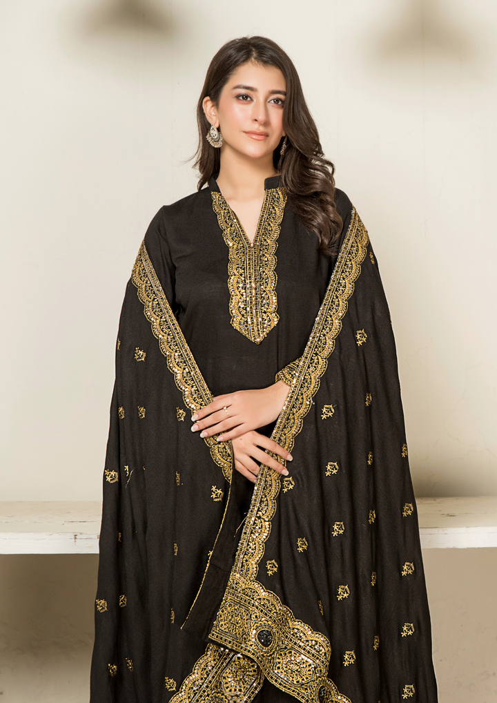 3Pc Tilla Embroidered Silk Karandi with Tilla Embroidered Border Shawl W24-TIL-0013