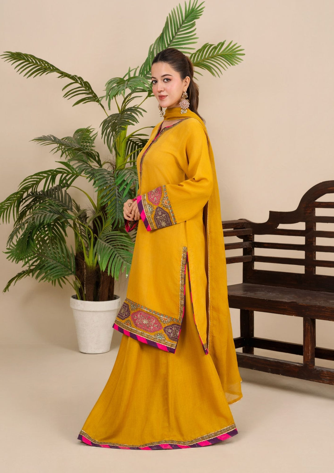 3-Piece Silk Viscose Suit with Chiffon Dupatta & Sharara | BASANT-B25-0005