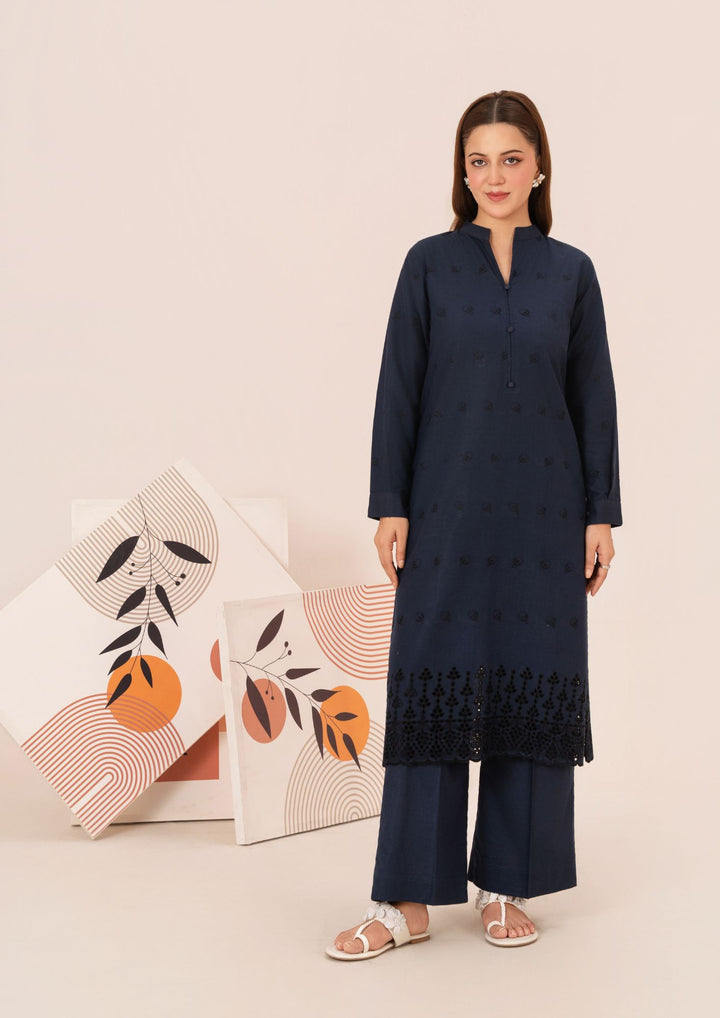 2pc Schiffli Embroidered Cambric Navy Set Rozana-W25-0028