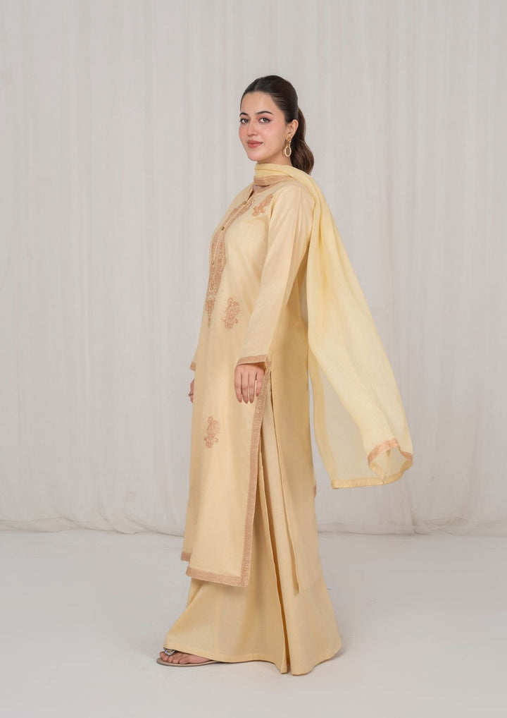 3Pc Beige Embroidered Lawn with Chiffon Dupatta RIW-R26-0003