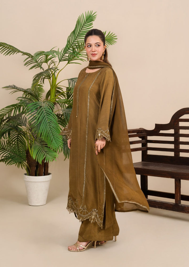 3Pc Embroidered Silk Viscose Olivish Brown JASHAN-J26-0023