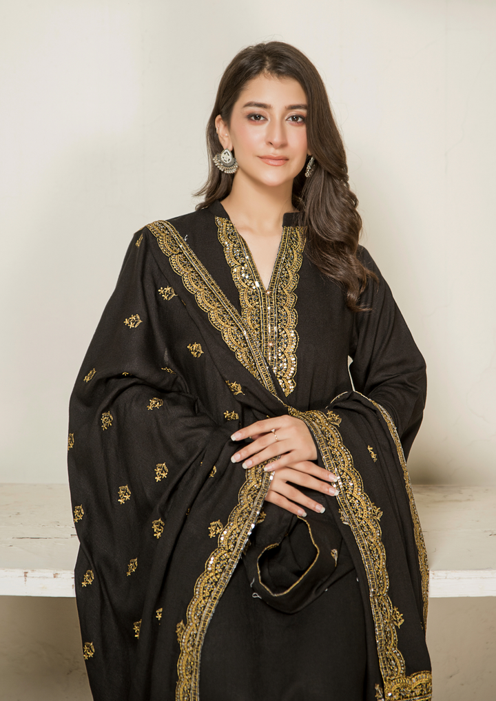 3Pc Tilla Embroidered Silk Karandi with Tilla Embroidered Border Shawl W24-TIL-0013