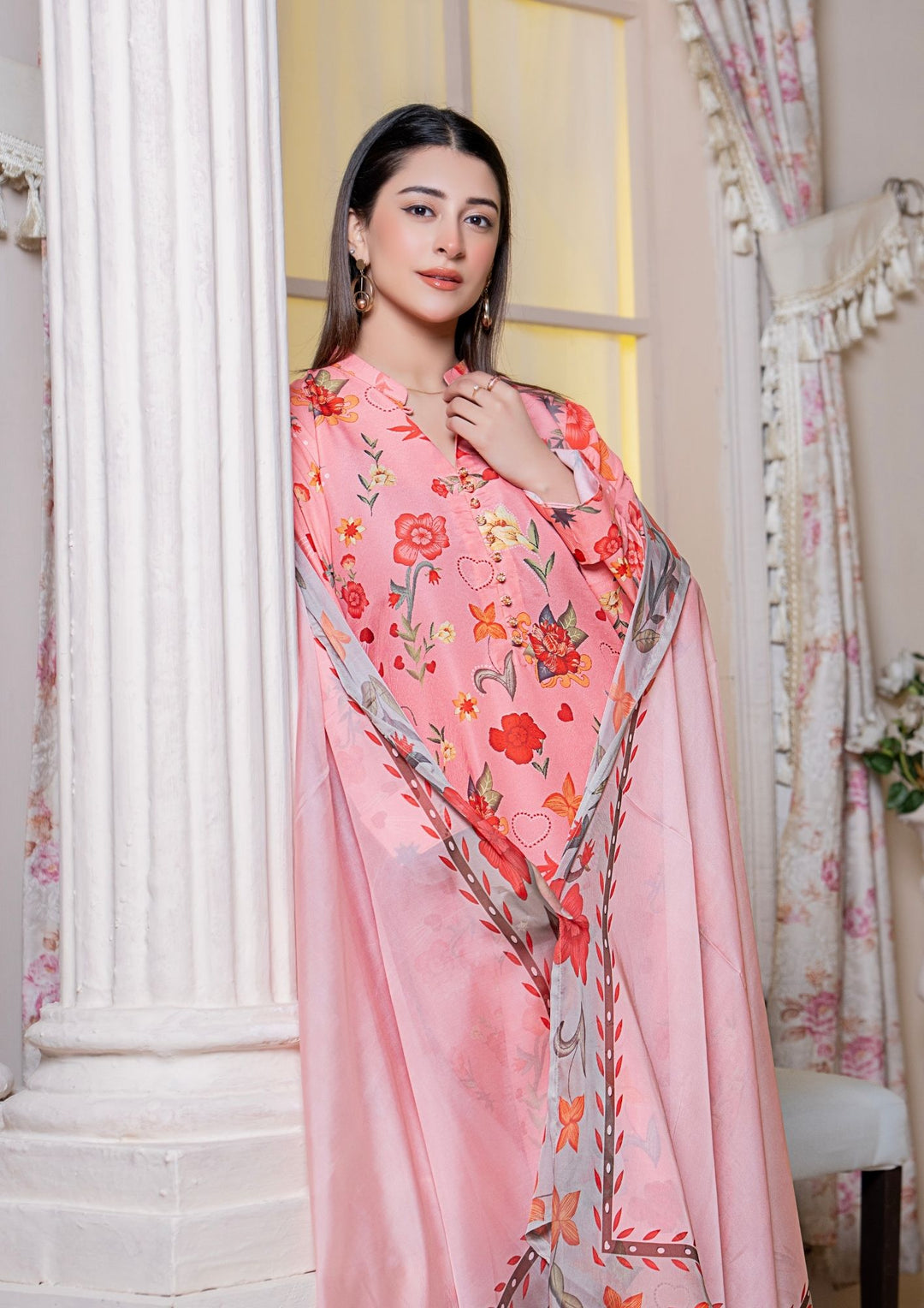 3Pc Printed Arabic Silk Lawn with Chiffon Dupatta Gulmeena-G26-0013