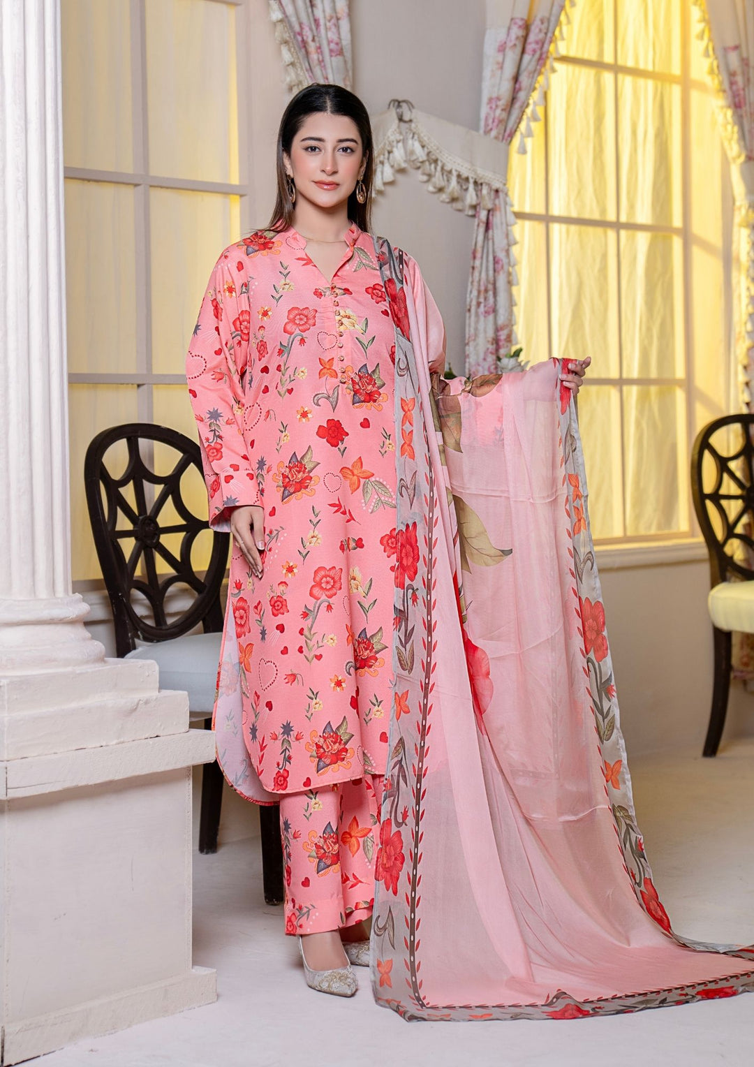 3Pc Printed Arabic Silk Lawn with Chiffon Dupatta Gulmeena-G26-0013