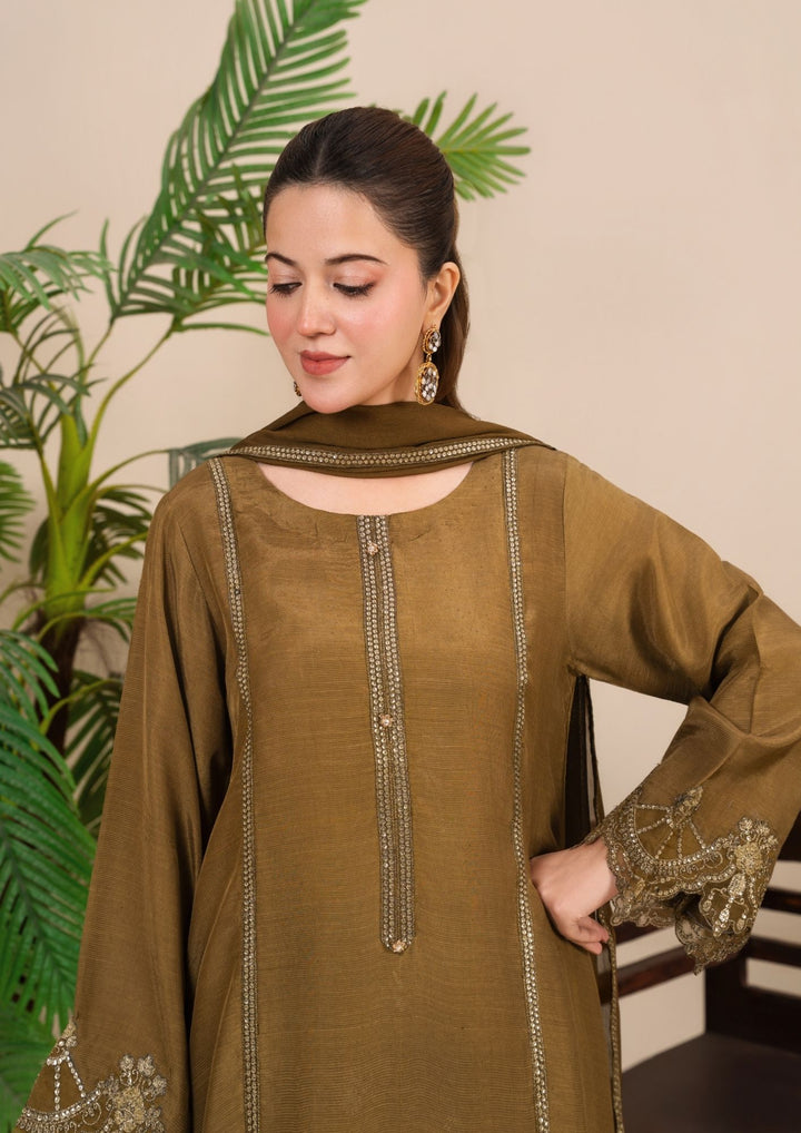 3Pc Embroidered Silk Viscose Olivish Brown JASHAN-J26-0023