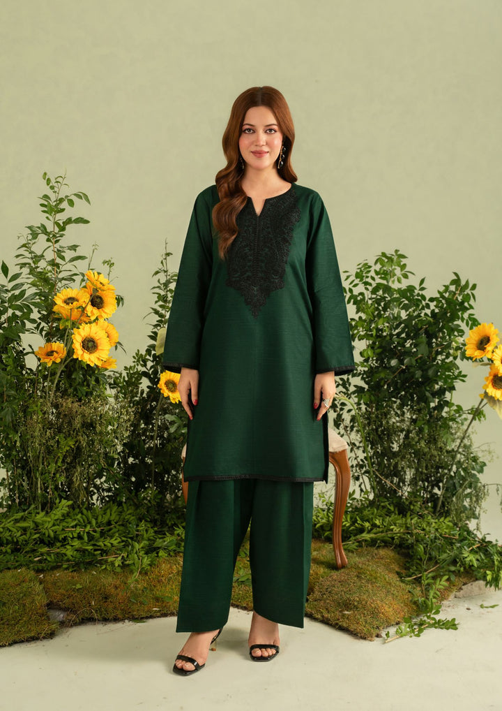 2pc Embroidered Khaddar with Farshi Shalwar Bottle Green AML-W25-0053