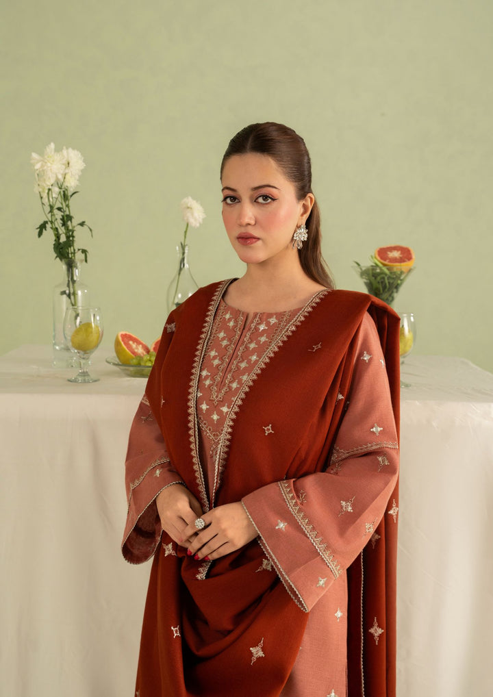 3Pc Silk Karandi Embroidered with Alpine Wool Shawl Cinnamon-Rose AFP-A25-0009