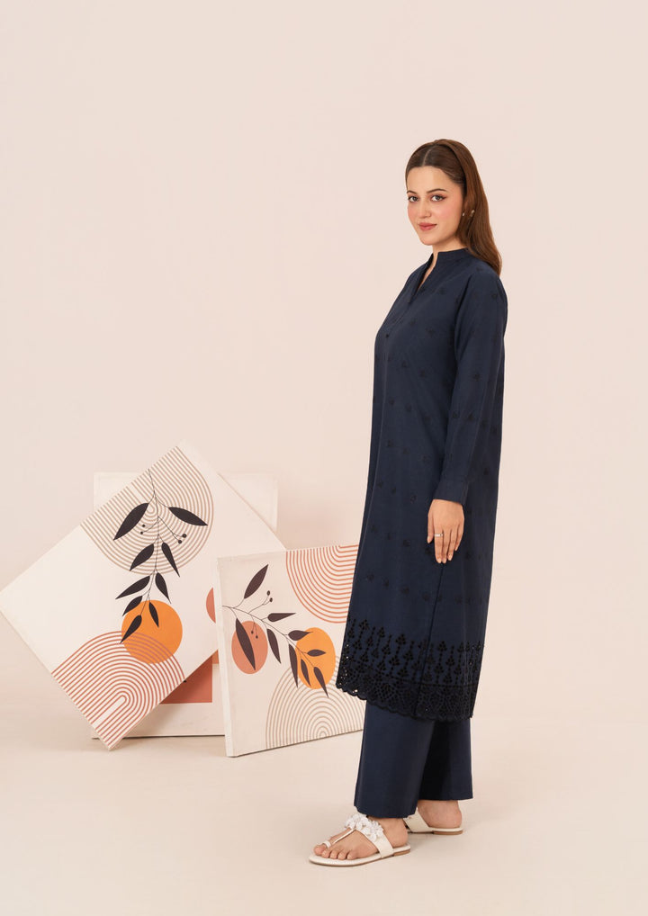 2pc Schiffli Embroidered Cambric Navy Set Rozana-W25-0028