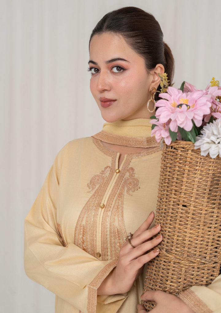 3Pc Beige Embroidered Lawn with Chiffon Dupatta RIW-R26-0003