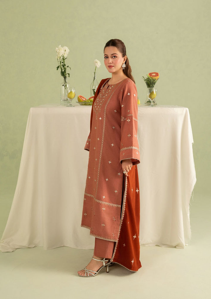 3Pc Silk Karandi Embroidered with Alpine Wool Shawl Cinnamon-Rose AFP-A25-0009
