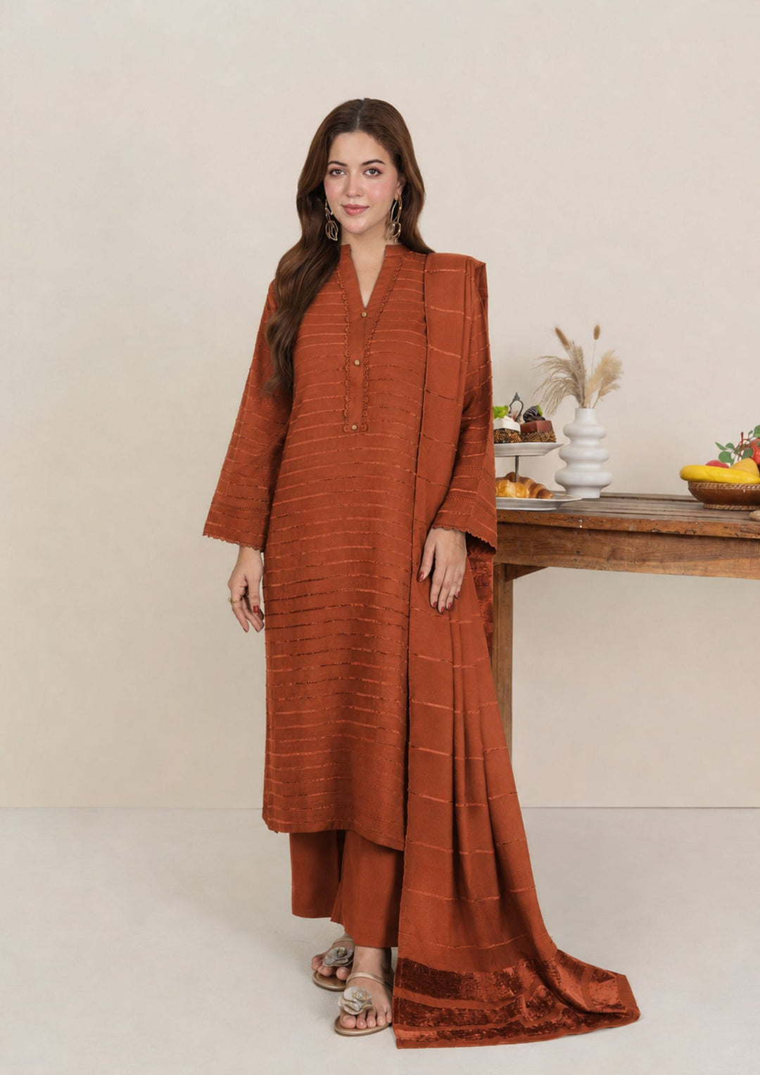 3pc Alpine Velvet Shirt with Velvet Border Shawl and Plain Trouser Rust AML-W26-0004