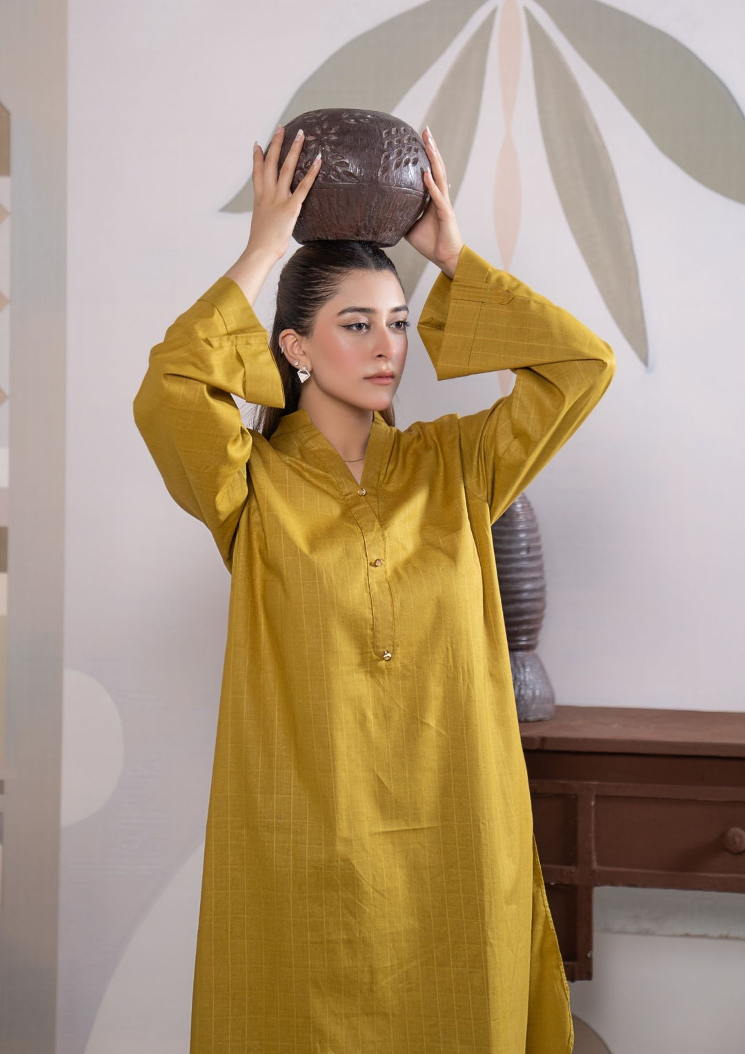 2Pc Cotton Lawn Olivish Mustard ROZ-R26-0007