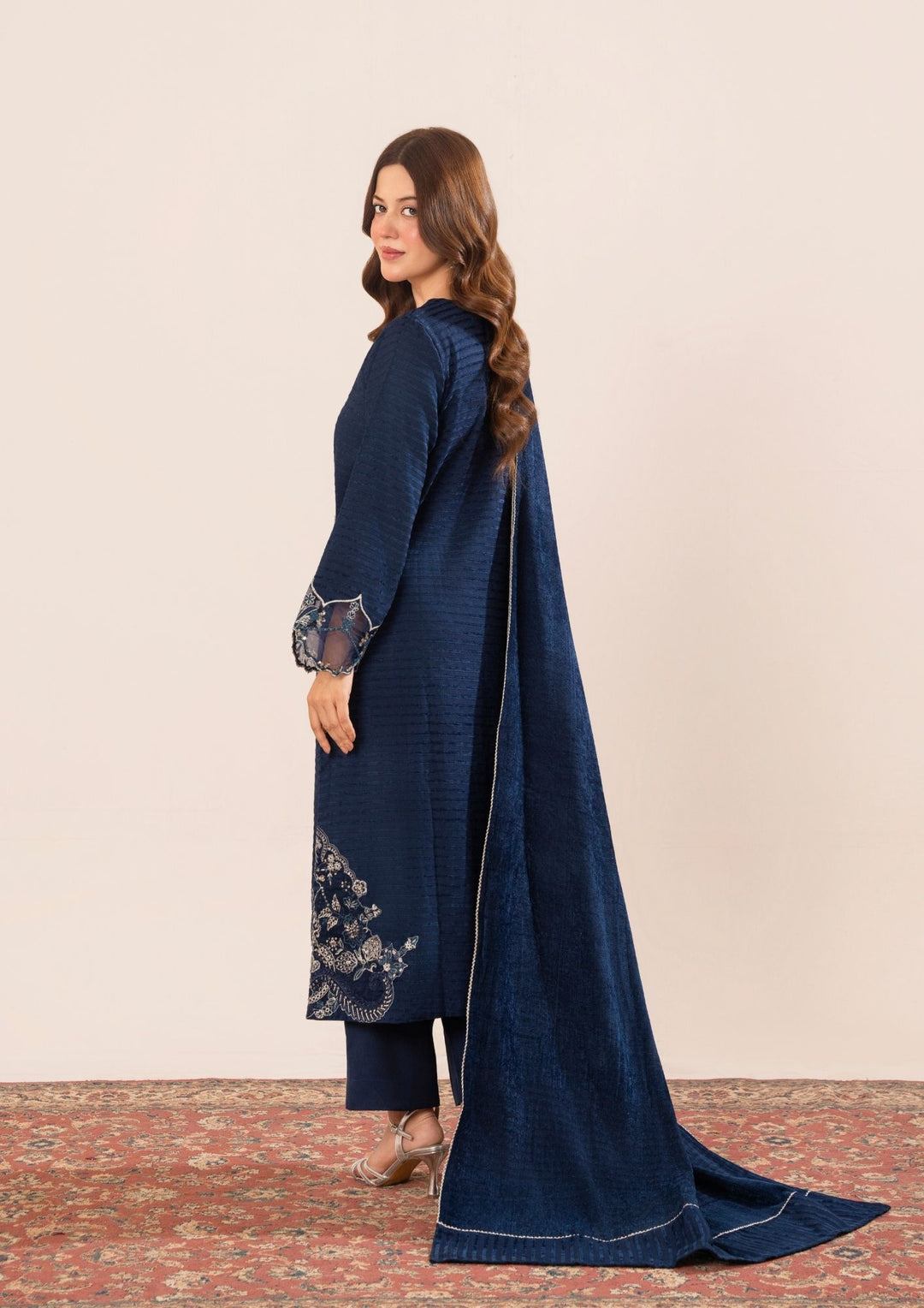 3Pc Alpine Velvet Tilla Embroidered with Velvet Shawl Navy AFP-A25-0005