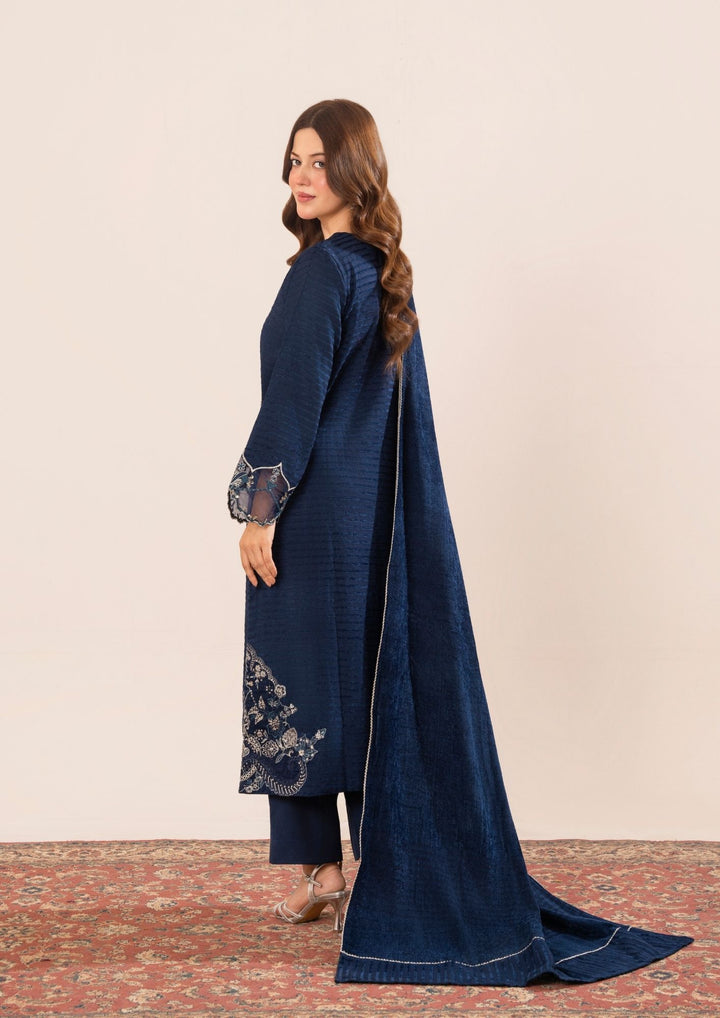 3Pc Alpine Velvet Tilla Embroidered with Velvet Shawl Navy AFP-A25-0005