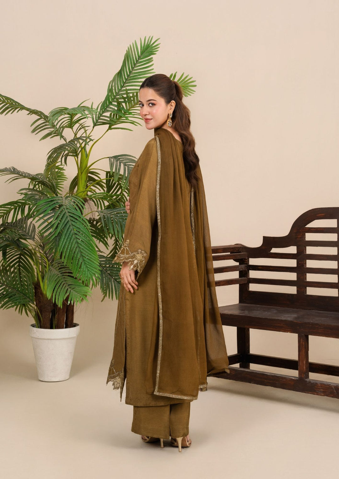 3Pc Embroidered Silk Viscose Olivish Brown JASHAN-J26-0023