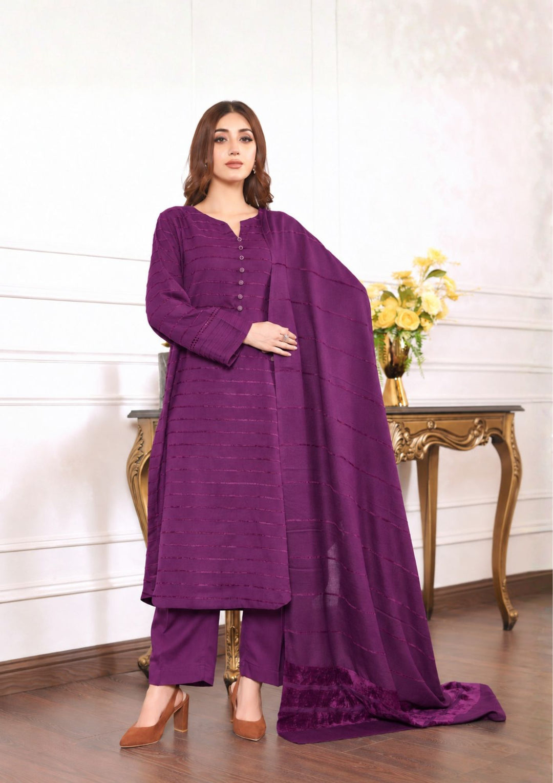3pc Alpine Velvet Shirt with Velvet Border Shawl and Plain Trouser Magenta AML-W26-0005
