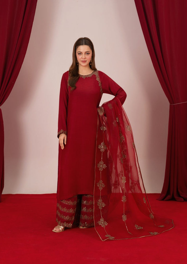3Pc Embroidered Raw Silk with Organza Dupatta Maroon | LUXE-L25-0002