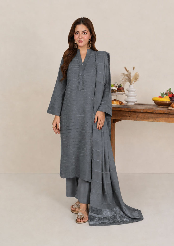 3pc Alpine Velvet Shirt with Velvet Border Shawl and Plain Trouser Grey AML-W26-0001