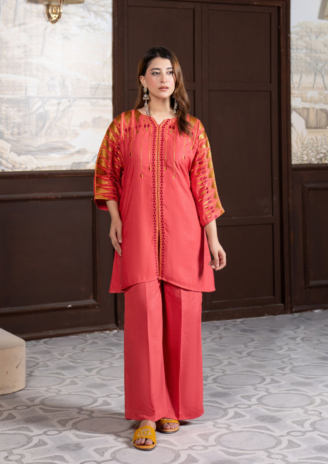 2Pc Multi Embroidered Alpine Marina Coral Pink SAY-W26-0029
