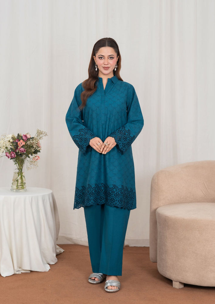 2pc Schiffli Embroidered Cambric Teal Set JASHAN-J26-0045
