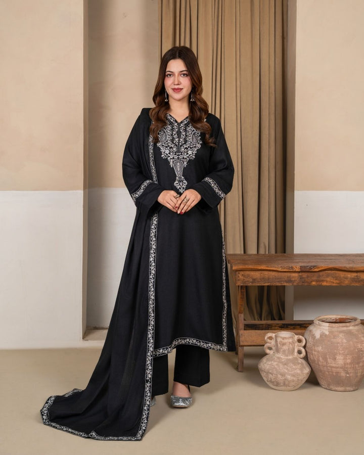 3pc Embroidered Alpine Karandi with Embroidered Border Shawl Black AML-W25-0100
