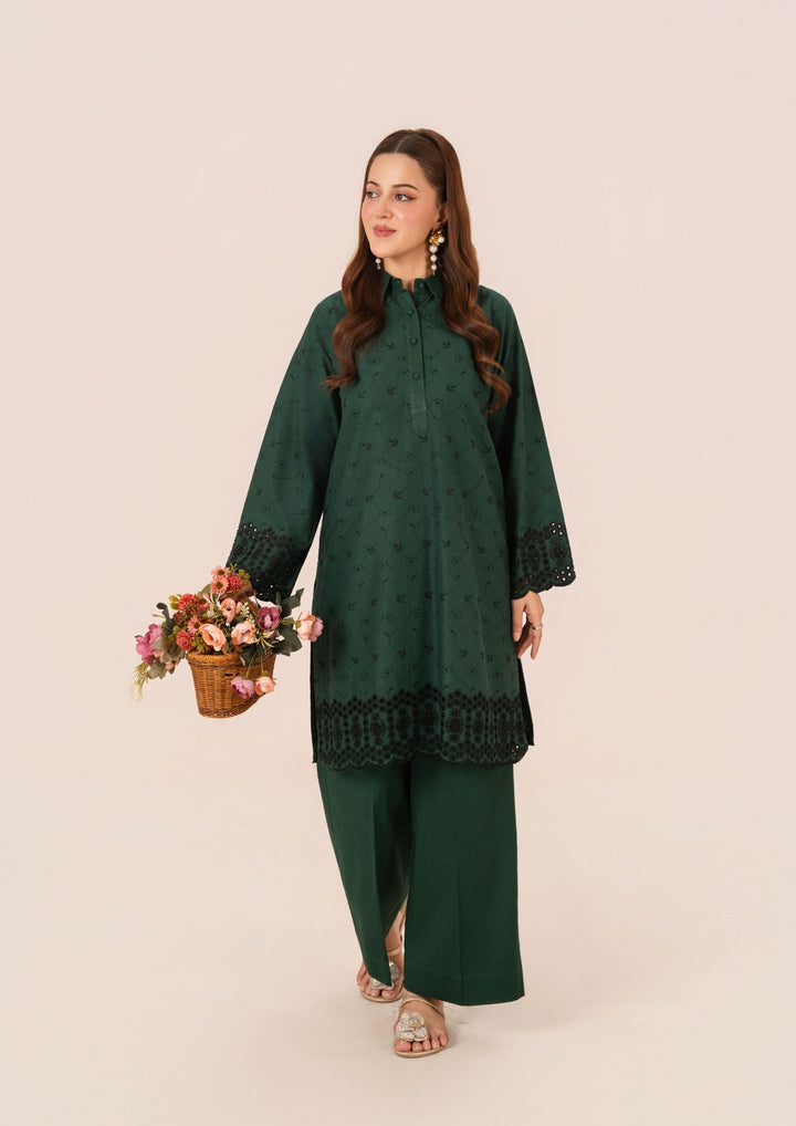 2pc Schiffli Embroidered Cambric Bottle Green Set Rozana-W25-0026