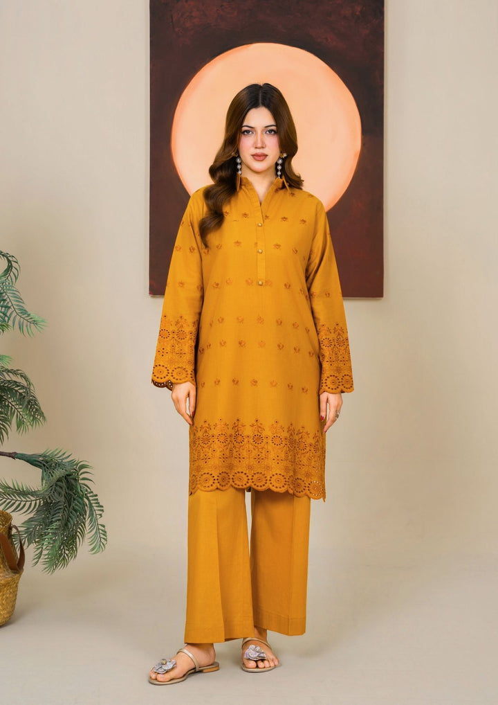 2pc Schiffli Embroidered Cambric Mustard Set | BASANT-B25-0006