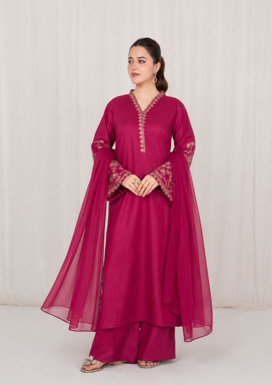 3Pc Burgundy Embroidered Lawn with Chiffon Dupatta RIW-R26-0034
