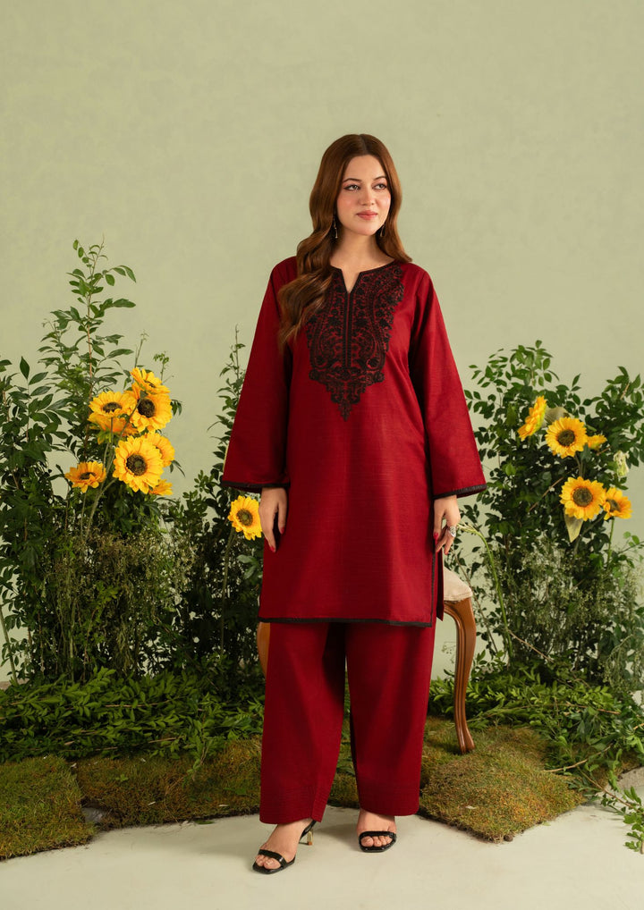 2pc Embroidered Khaddar with Farshi Shalwar Maroon AML-W25-0051
