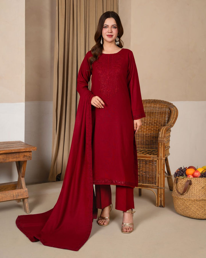 3pc Embroidered Alpine Karandi with Embroidered Border Shawl Maroon AML-W25-0102