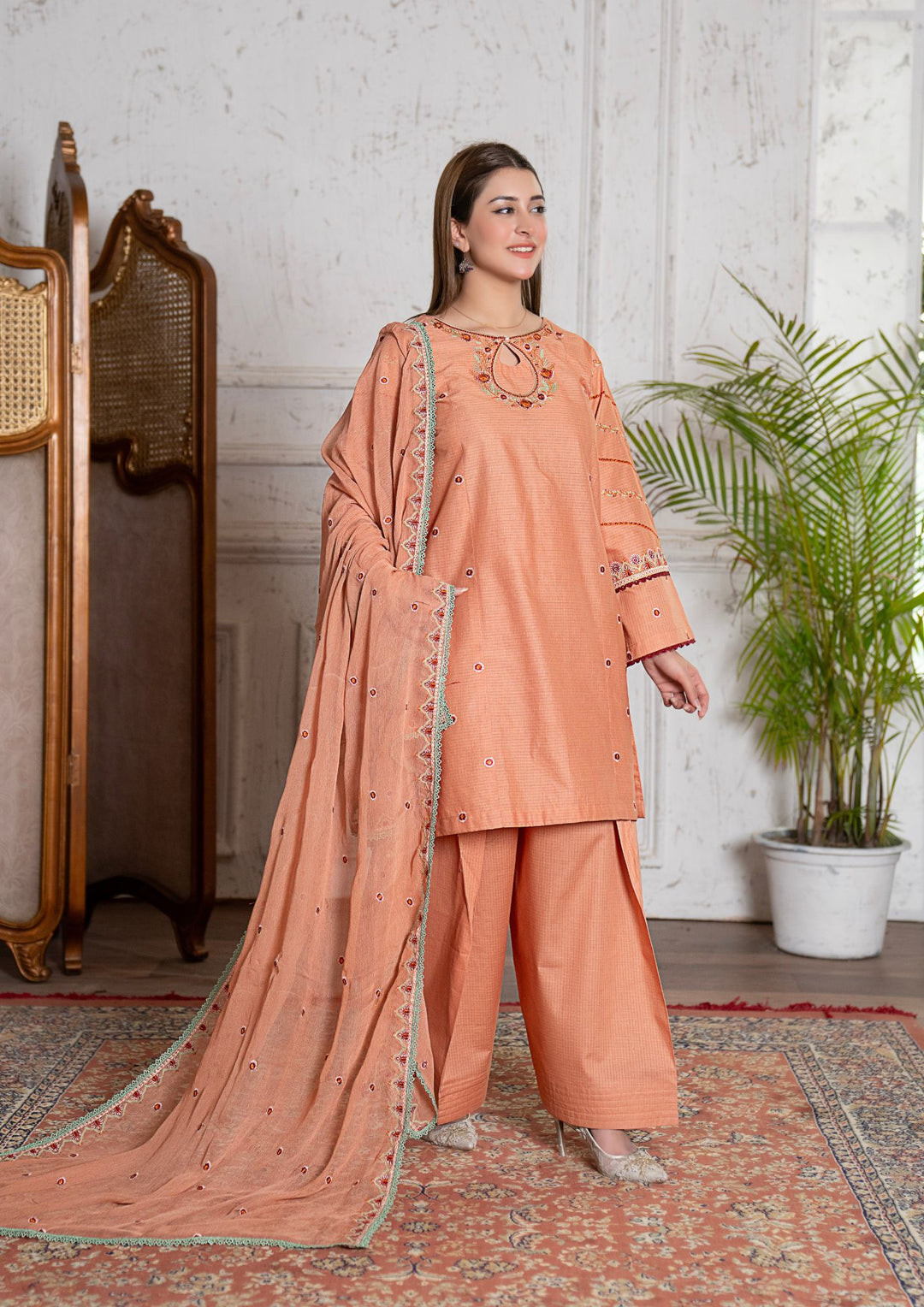 3Pc Multi Embroidered Lawn with Chiffon Dupatta Peach RIW-R26-0042